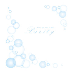 Transparent bubbles corner frame isolated on white. Light blue transparent circles or soap bubbles, angle composition. Vector clipart for pure water or air design, square template.