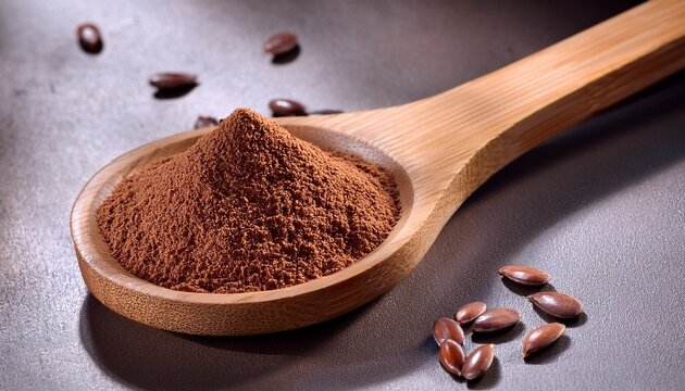 Brown Seeds And Powder In Wooden Spoon