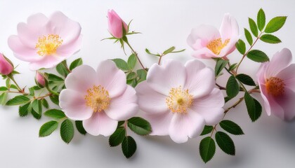 Fototapeta premium Delicate Wild Rose Flowers With Soft Pink Petals Against A White Background Create A Minimalist And Serene Atmosphere
