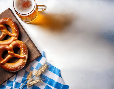 A vibrant Oktoberfest is suggested by beer glasses, soft pretzels, and a blue-checkered design.