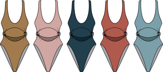 Collection of stylish flat-lay one-piece swimsuits in various earthy and pastel colors, perfect for summer fashion and beachwear designs