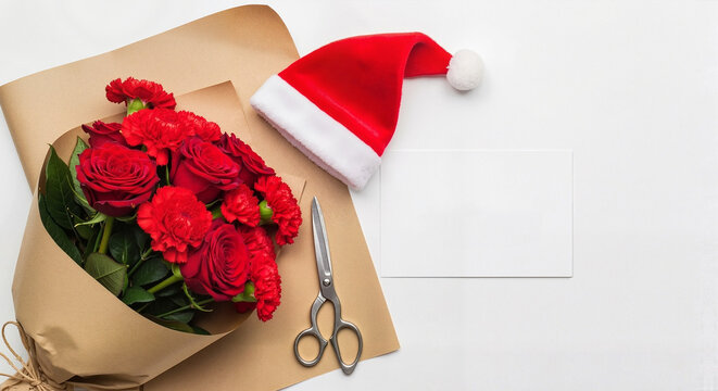 Christmas mockup with flowers and Santa hat, perfect for branding and promotional marketing materials