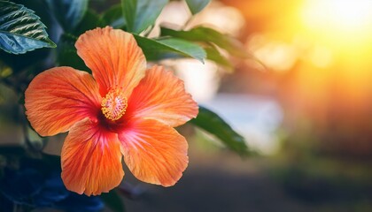 Obraz premium Close Up Of Hibiscus Flower Blooming In Tropical Setting With Sunlight