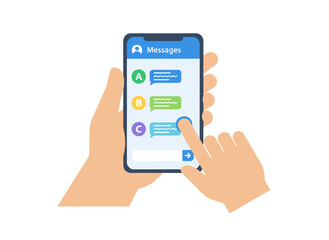 A human hand holds a smartphone displaying a dialogue app in a flat vector illustration, while the person chats, shares news, and refers friends online, isolated on a white background, forwarding