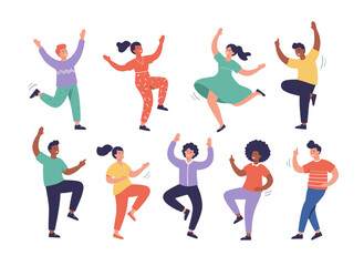 Fototapeta premium A flat cartoon vector illustration of a group of tiny people dancing on a nightclub dance floor against a white background, depicting joyful men and women enjoying a rave, disco party, or music