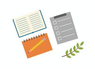 Notebooks, notepads, memo pads, planners, and organizers for taking notes and jotting isolated on a white background, featuring decorative design elements and a colorful flat‑style vector