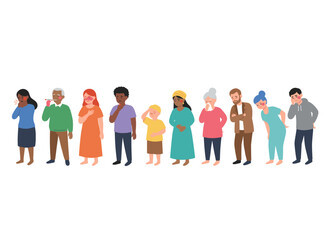 A flat, colorful vector illustration depicting a group of unhappy, ill individuals in pain, each with aches in various body parts&mdash;chest, neck, leg, back, arm&mdash;isolated against a white background