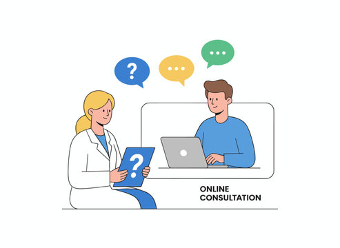 A flat vector illustration on a white background showing a virtual job interview, illustrating recruitment and hiring concepts with HR and candidate communicating via video call between employer and