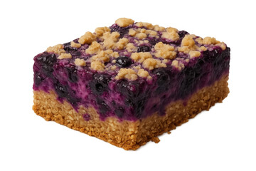 Blueberry crumble bar with oat crust and sweet fruit filling, fresh baked dessert slice, isolated