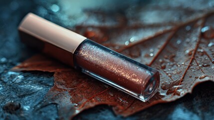 Luxe Lip Gloss on Autumnal Canvas: A luxurious lip gloss tube rests upon a textured, earthy leaf, adorned with tiny droplets, embodying elegance and autumnal beauty in a captivating macro shot.