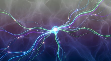 Abstract fractal design with blue and purple light waves in motion on a black background