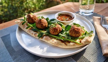 Outdoor Serving Of Gourmet Flatbread With Meatballs Fresh Greens Herbs And Sauce On A White Plate Casual Dining Scene In Natural Daylight