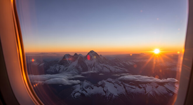Breathtaking sunrise over snowy mountains viewed from airplane window, a stunning vista of peaks and clouds bathed in golden light, perfect for travel inspiration - Powered by Adobe