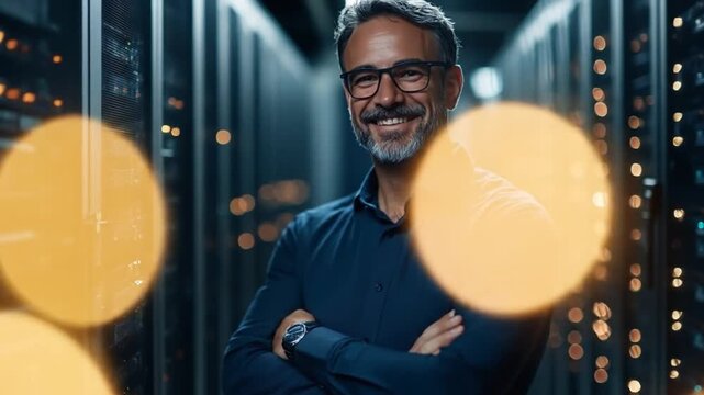 Confident man in data center with server racks and bokeh lights