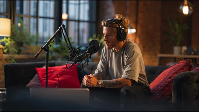 Young Male Podcaster Recording Content at Home Studio Setup in Cozy, Stylish Loft Apartment