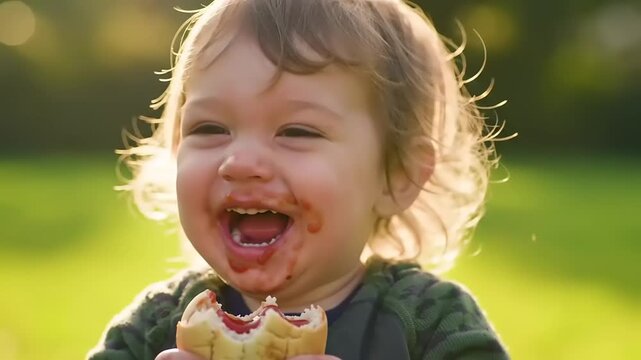 Happy toddler eating a messy hotdog.