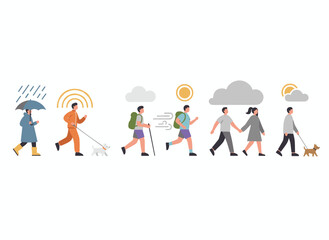 A colorful flat‑style vector illustration of a young woman in seasonal clothing walking through rain, snow, and summer heat