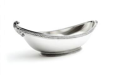 Oval silver serving bowl with ornate handles and beaded trim