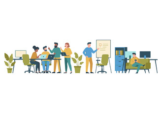 Fototapeta premium A flat, colorful vector illustration of a group of office workers seated at desks, engaging in conversations or discussions with one another