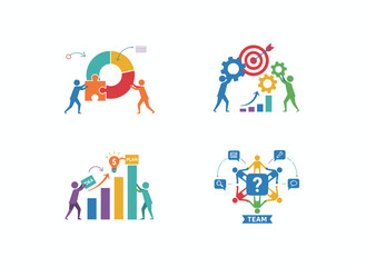Fototapeta premium Group of individuals arranging abstract geometric shapes dispersed around them, featuring young men and women gathering figures, illustrating teamwork in a modern flat vector style