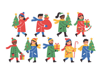 Fototapeta premium Joyful, festive individuals strolling with gift boxes, presents, Christmas trees, and parcels after December shopping, celebrating Christmas and New Year's Eve, depicted as a flat vector illustration