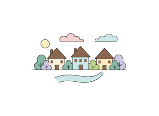 A hand‑drawn flat vector illustration of a village featuring colorful, cozy houses and trees, with chimney smoke and a residential homestead, cottage, or villa encircled by lush greenery