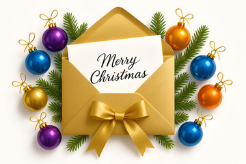 Golden envelope with merry christmas card and holiday ornaments decoration