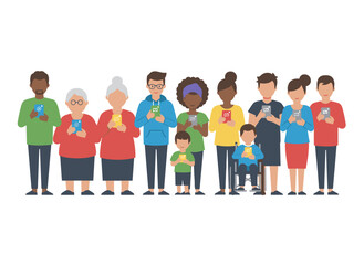 Obraz premium Illustrations depict people holding and using mobile phones, with characters holding smartphones, men and women surfing the internet and chatting, presented as flat vector graphics on a white