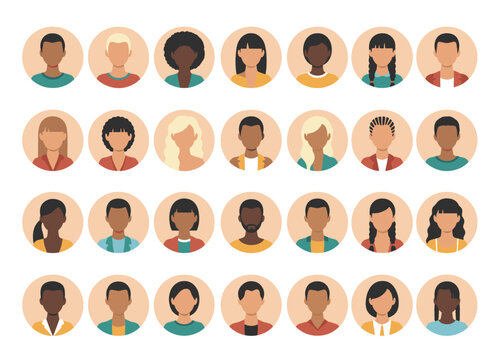 A vector flat illustration featuring portraits of a diverse business team, with isolated avatars of smiling colleagues, including a man and a woman framed in a round shape