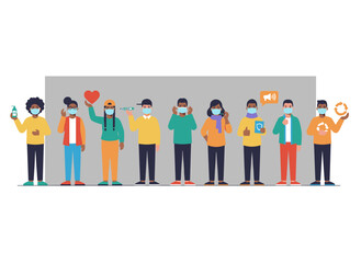 A group of men and women wearing protective dust masks against urban air pollution, smog, vapor, and pollutant gas emissions, depicted in a flat, colorful cartoon vector illustration