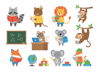 Naklejka premium A set of cute animal students or pupils engaged in studying, writing, and reading books, featuring a back‑to‑school theme with humorous cartoon characters on a white background, rendered in flat