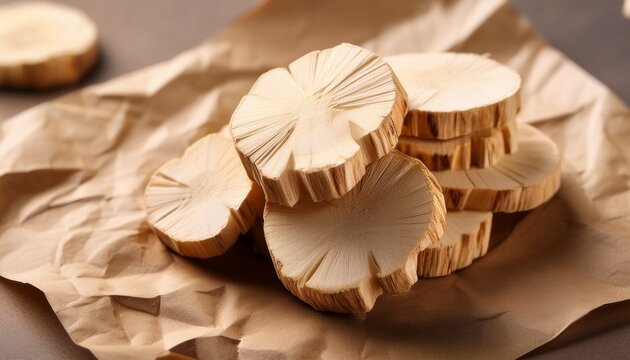 Close Up Astragalus Root Slices Piles On Kraft Paper