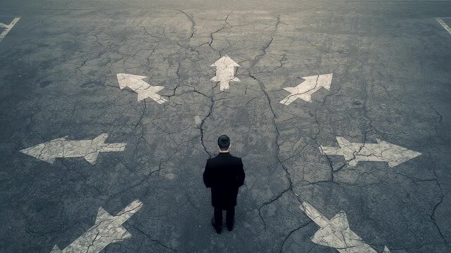 Man in Suit Standing on Cracked Road with White Arrow Signs Multiple Directions Ground