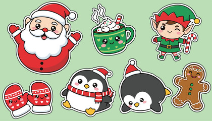 Fototapeta premium Cute Christmas Stickers Featuring Santa and Holiday Elements