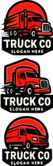Three red truck company logos, each featuring a different style of truck.
