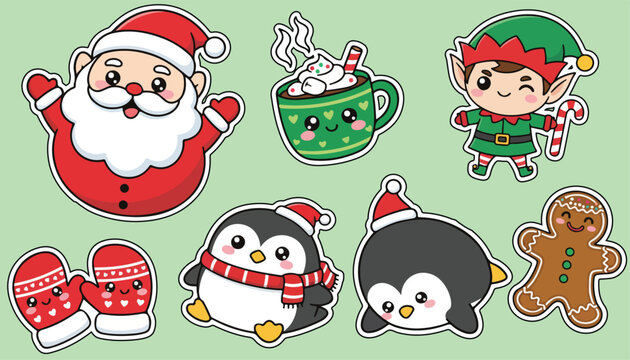 Cute Christmas Stickers Featuring Santa and Holiday Elements
