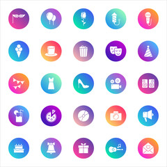 Party, celebration, entertainment. Vector set of 25 round gradient icons featuring masks, balloons, food, drinks, music, gifts, and festive symbols for event and UI design.