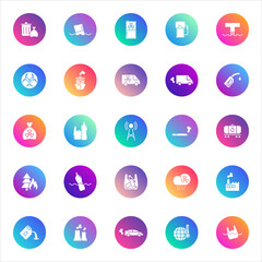 Environment, industry, sustainability. Vector set of 25 round gradient icons featuring eco transport, recycling, pollution, climate, energy, and industrial concepts for UI and infographics.