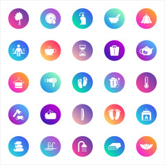 Wellness, spa, relaxation. Vector set of 25 round gradient icons featuring self-care, bathing, massage, yoga, tea, towels, and beauty tools for UI and health-related design.