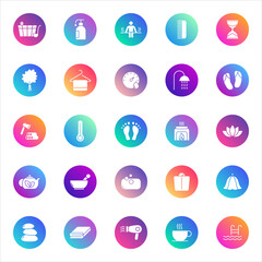 Wellness, spa, relaxation. Vector set of 25 round gradient icons featuring bathing, massage, sauna, tea, towels, beauty tools, and self-care elements for UI and health design.