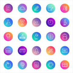 Education, school, learning. Vector set of 25 round gradient icons featuring academic tools, science, math, art, sports, and classroom elements for UI and educational design.
