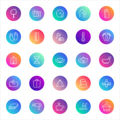 Wellness, spa, relaxation. Vector set of 25 round gradient icons featuring bathing, massage, tea, towels, beauty tools, and cozy elements for UI and health-related design.