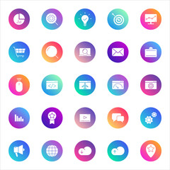 Digital, business, technology. Vector set of 25 round gradient icons featuring analytics, coding, communication, cloud, marketing, and productivity tools for UI and app design.