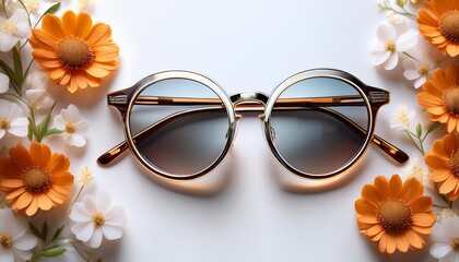 trendy sunglasses in plastic and metallic frames on white background with flowers sunglasses special offer summer sale discount optic shop promotion banner eyewear fashion minimalism copy space