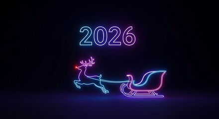 Neon 2026 text and santas sleigh with reindeer