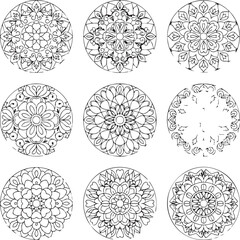 Nine black and white circular mandala designs pattern