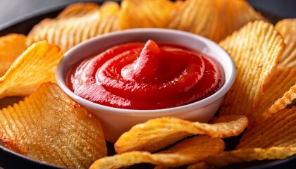 Macro Photo Of Wavy Potato Chips Dipped In Red Sauce Beer Appetizer Party Snacks Close Up