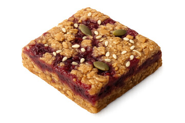 Oat bar featuring a delicious raspberry jam filling and a crunchy crumble top, garnished with pumpkin and sesame seeds. Isolated