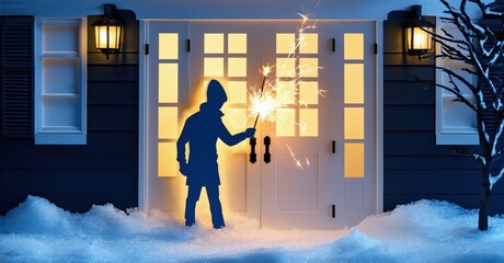 Silhouette stands before home, holding sparkler. Winter scene, bright doorway, snow covers ground. Festive, warm light emanates.