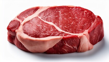 A Round Cut Of Raw Red Meat With Visible Marbling And A Thick Outer Fat Layer Isolated On White Background